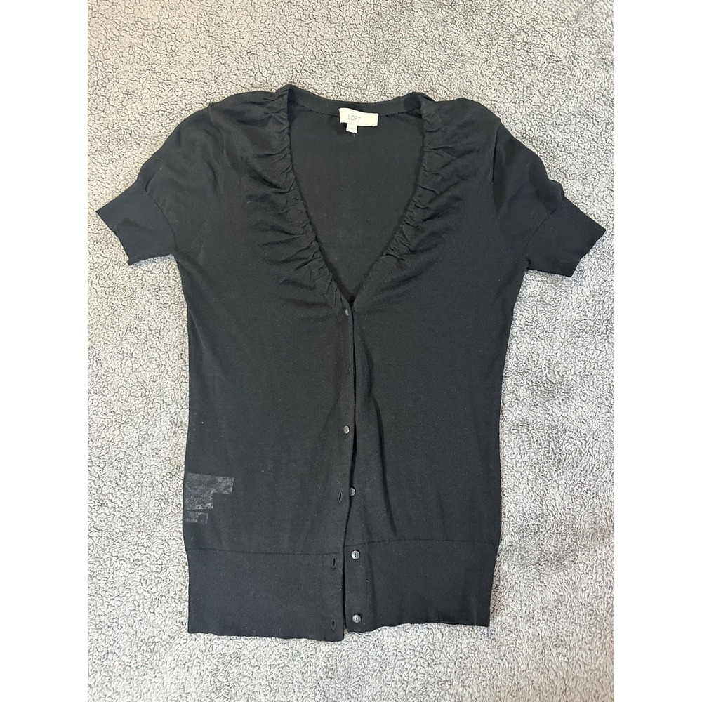 Women's Ann Taylor Loft Sweater Shirt Sz S Black Short Sleeve Knit Button Up
